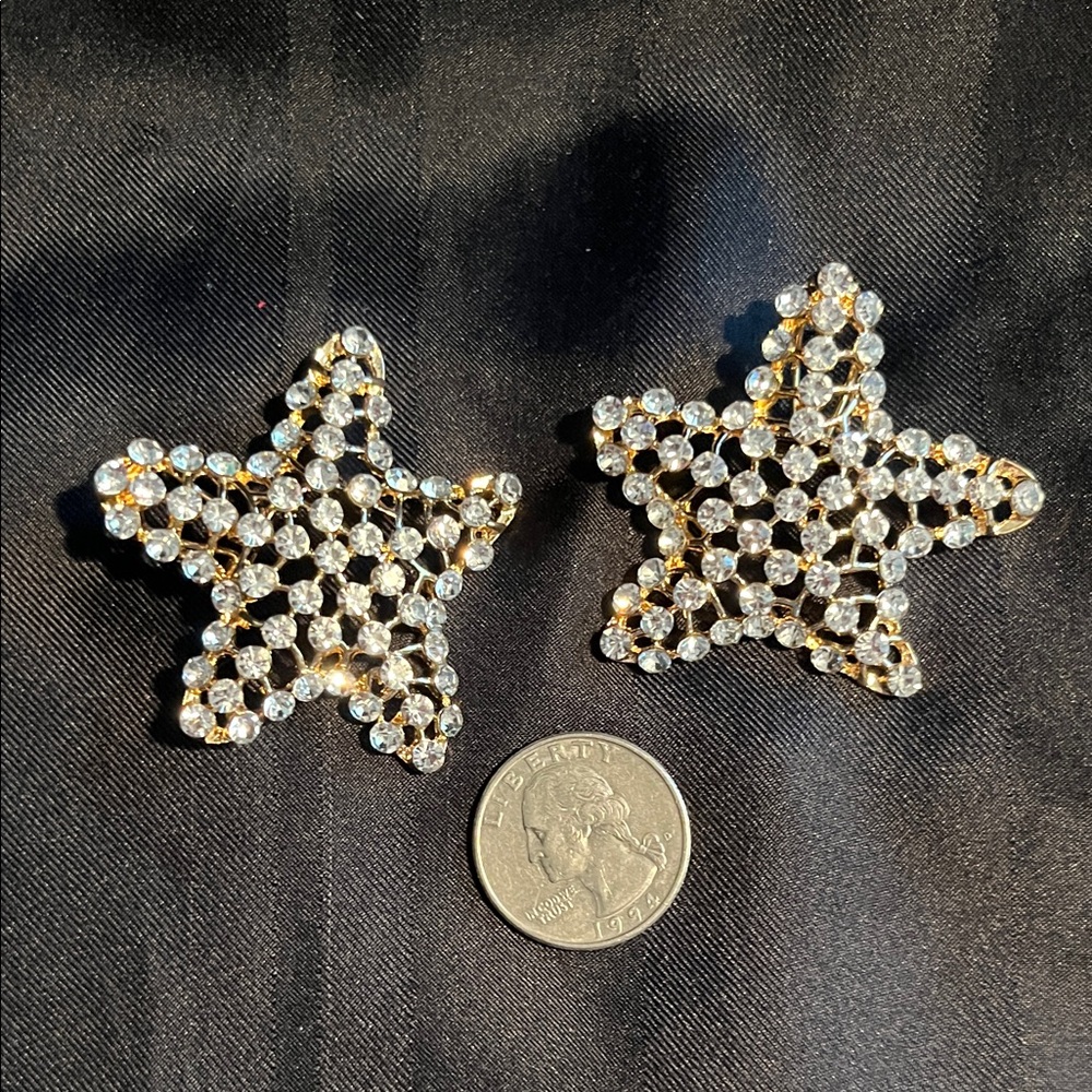 Large gold and rhinestone star earrings high fashion